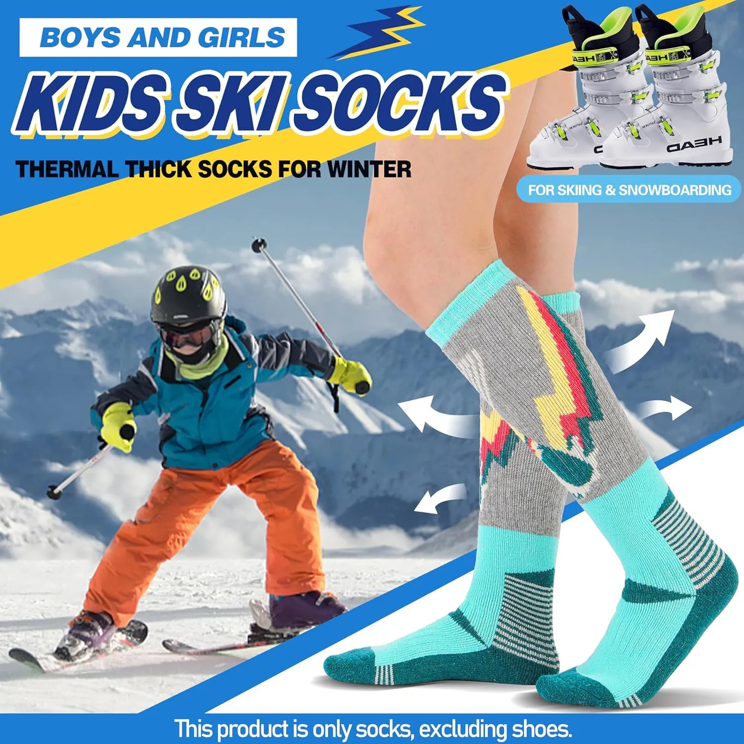 ANTSANG 3 Pairs Kids Merino Wool Ski Socks Boys Girls Thermal Thick Warm Winter Cozy Socks for Skiing Snowboarding
