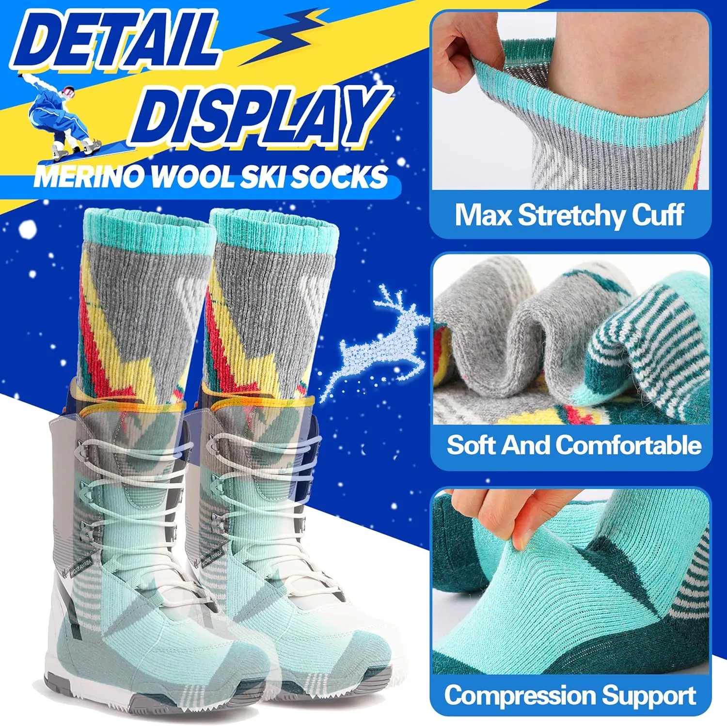 ANTSANG 3 Pairs Kids Merino Wool Ski Socks Boys Girls Thermal Thick Warm Winter Cozy Socks for Skiing Snowboarding