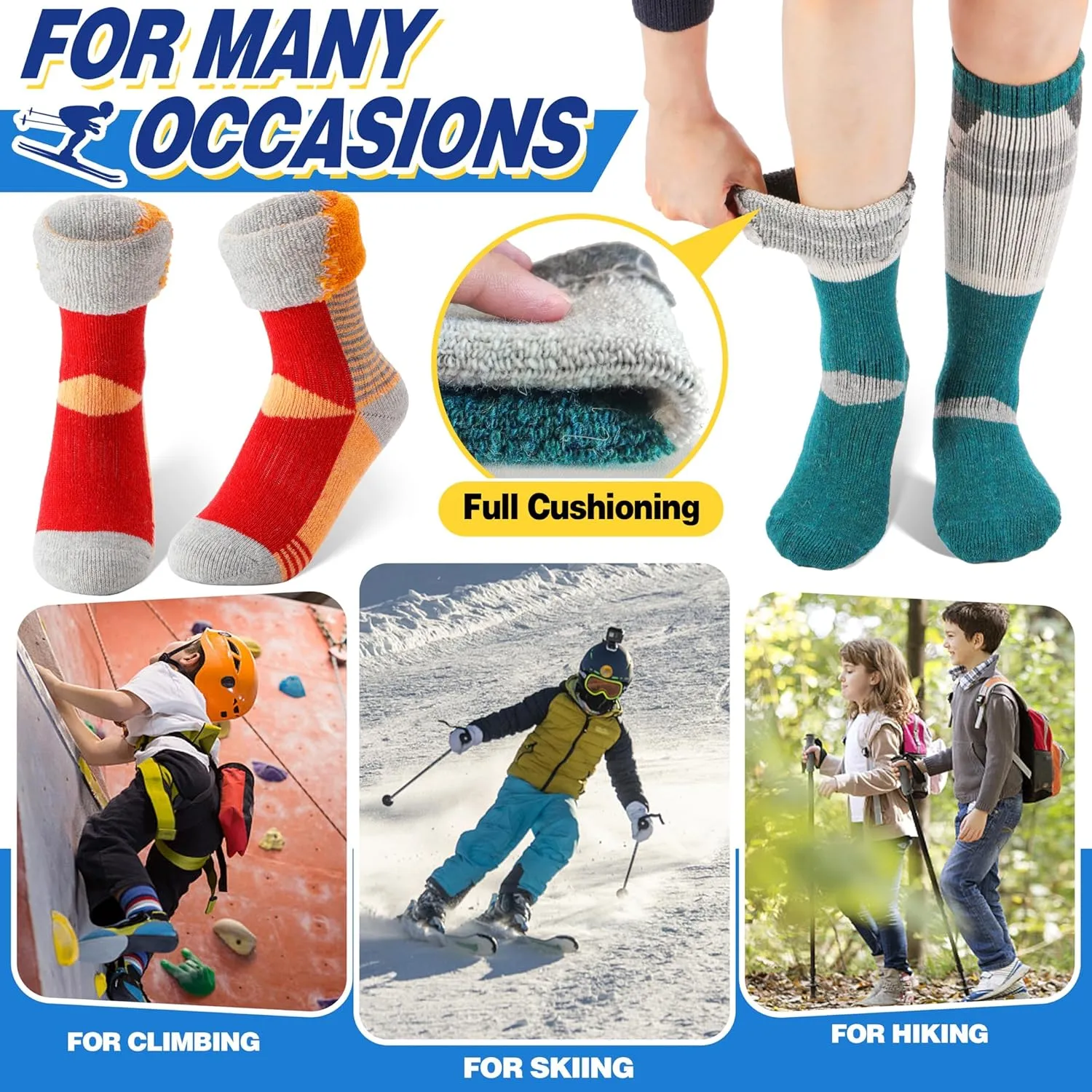 ANTSANG 3 Pairs Kids Merino Wool Ski Socks Boys Girls Thermal Thick Warm Winter Cozy Socks for Skiing Snowboarding