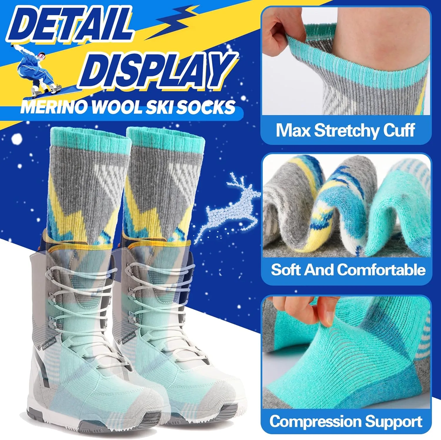 ANTSANG 3 Pairs Kids Merino Wool Ski Socks Boys Girls Thermal Thick Warm Winter Cozy Socks for Skiing Snowboarding