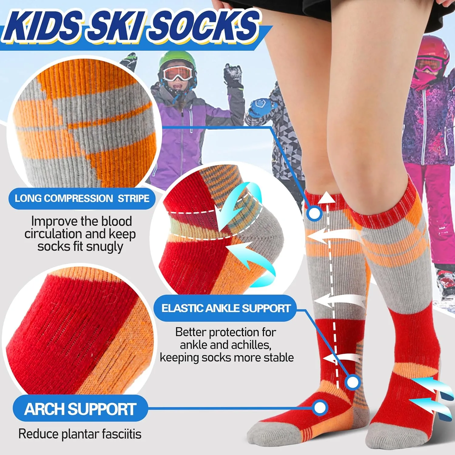 ANTSANG 3 Pairs Kids Merino Wool Ski Socks Boys Girls Thermal Thick Warm Winter Cozy Socks for Skiing Snowboarding
