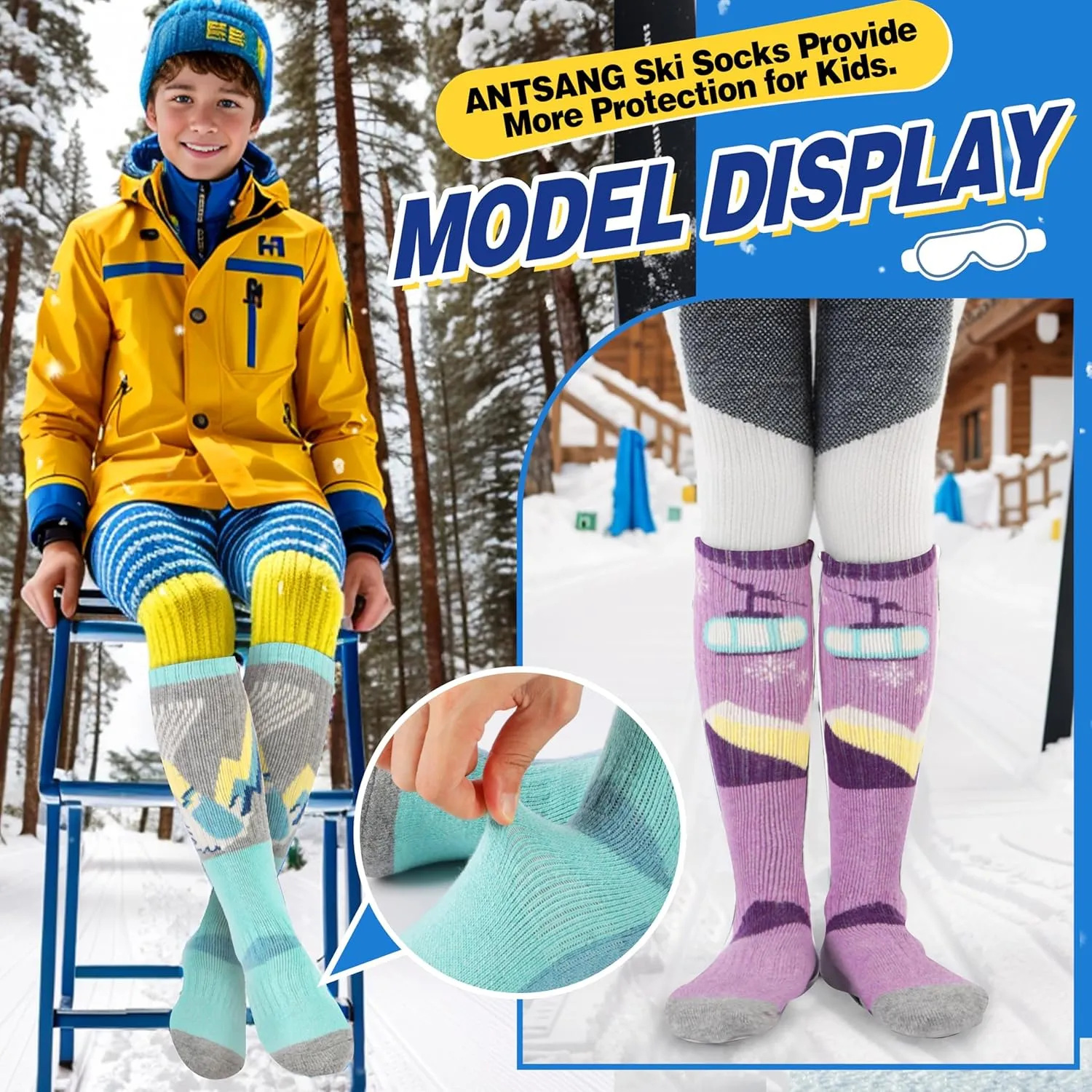 ANTSANG 3 Pairs Kids Merino Wool Ski Socks Boys Girls Thermal Thick Warm Winter Cozy Socks for Skiing Snowboarding