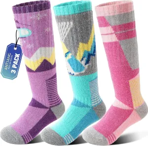 ANTSANG 3 Pairs Kids Merino Wool Ski Socks Boys Girls Thermal Thick Warm Winter Cozy Socks for Skiing Snowboarding