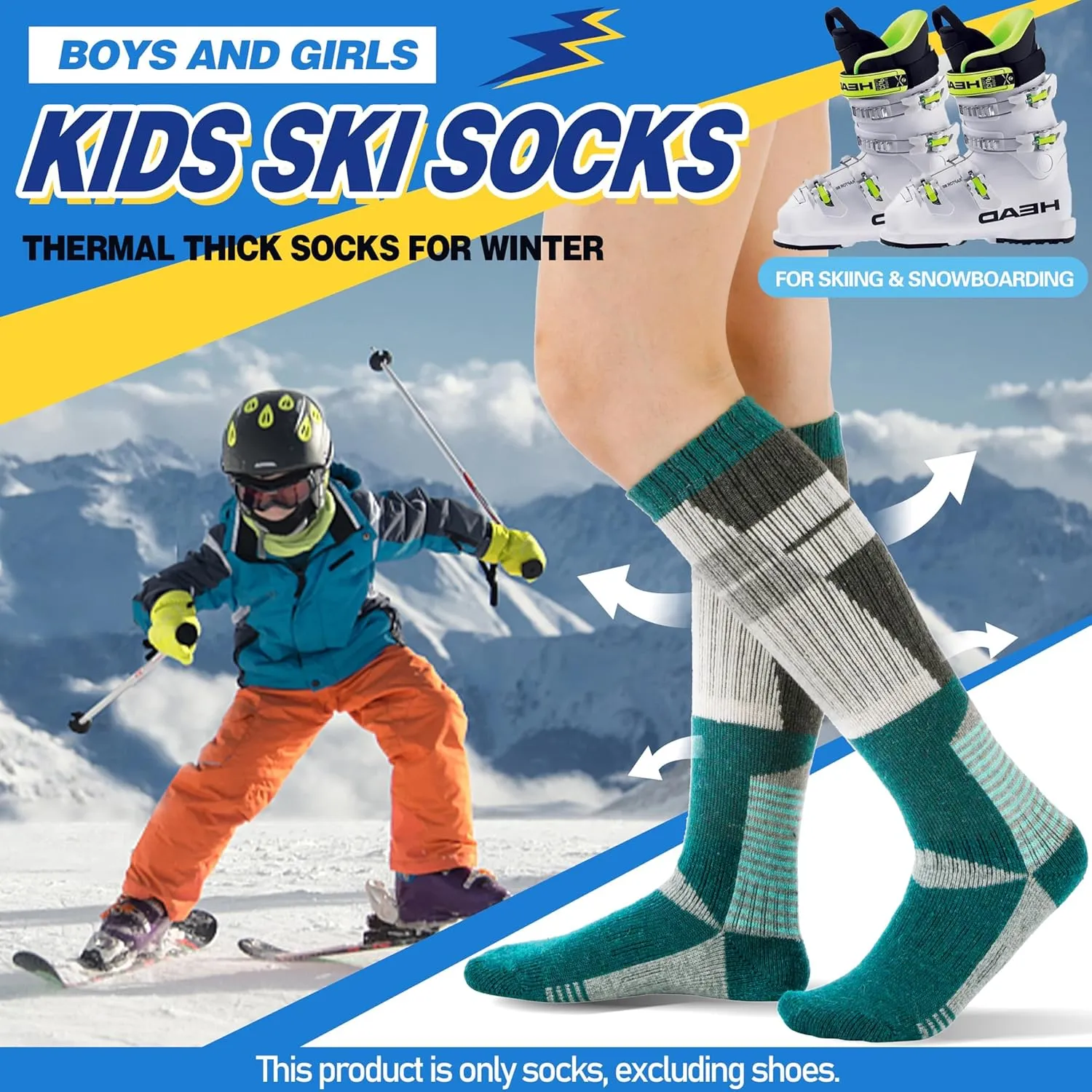 ANTSANG 3 Pairs Kids Merino Wool Ski Socks Boys Girls Thermal Thick Warm Winter Cozy Socks for Skiing Snowboarding