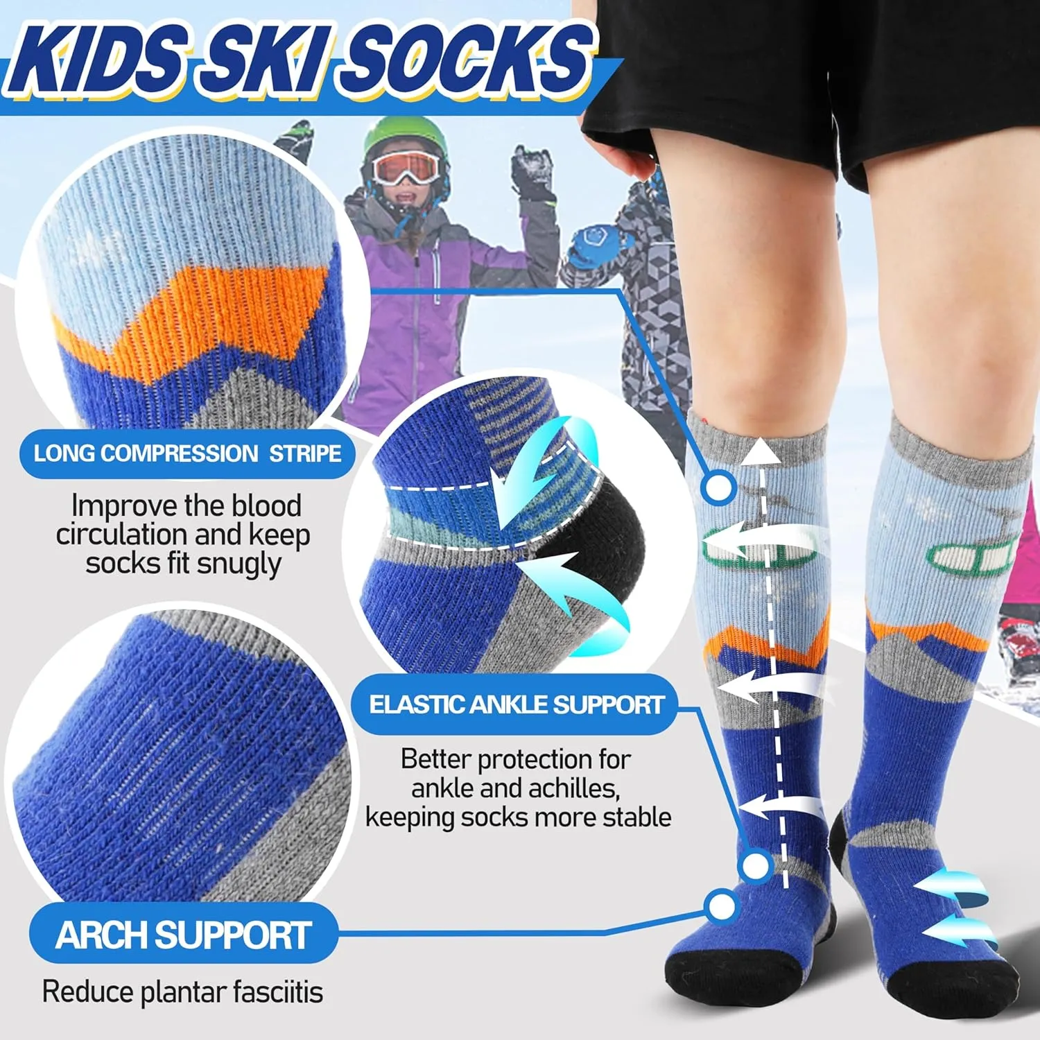 ANTSANG 3 Pairs Kids Merino Wool Ski Socks Boys Girls Thermal Thick Warm Winter Cozy Socks for Skiing Snowboarding