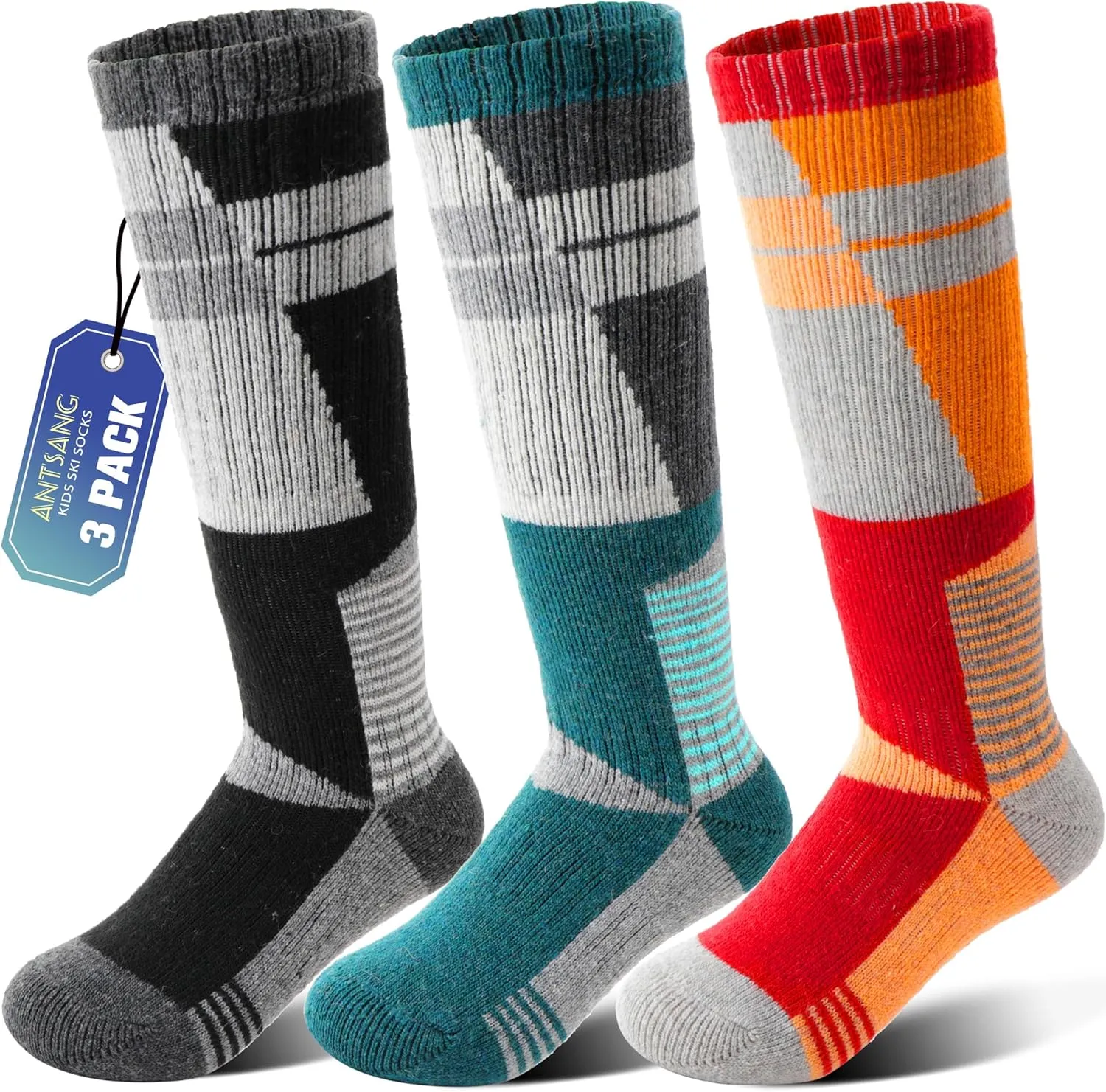 ANTSANG 3 Pairs Kids Merino Wool Ski Socks Boys Girls Thermal Thick Warm Winter Cozy Socks for Skiing Snowboarding