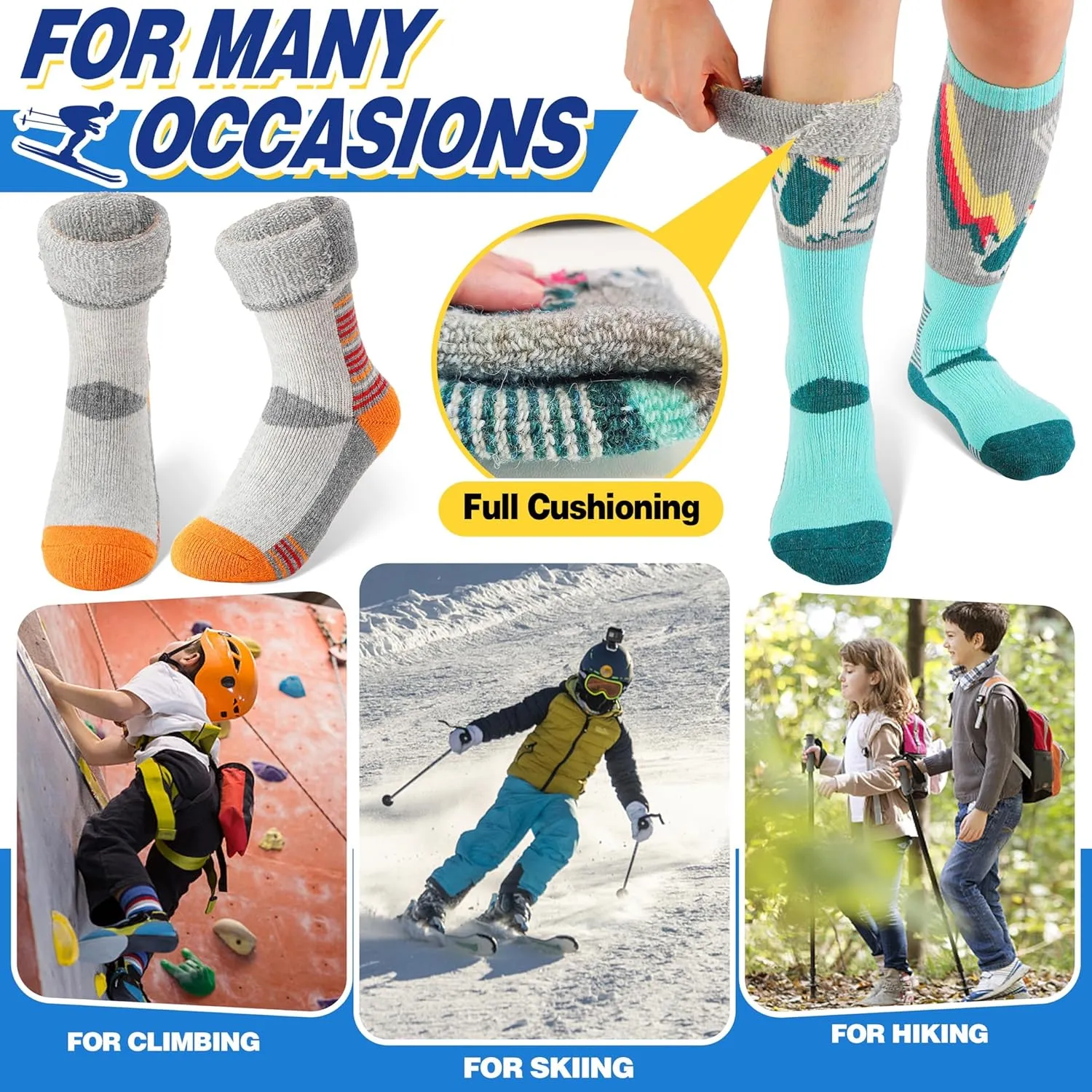 ANTSANG 3 Pairs Kids Merino Wool Ski Socks Boys Girls Thermal Thick Warm Winter Cozy Socks for Skiing Snowboarding
