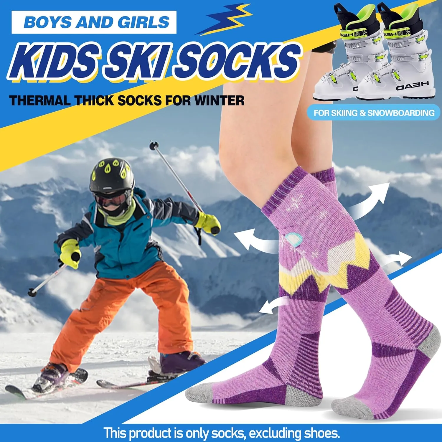 ANTSANG 3 Pairs Kids Merino Wool Ski Socks Boys Girls Thermal Thick Warm Winter Cozy Socks for Skiing Snowboarding