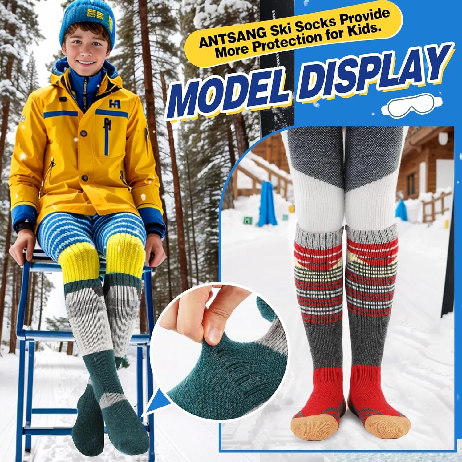 ANTSANG 3 Pairs Kids Merino Wool Ski Socks Boys Girls Thermal Thick Warm Winter Cozy Socks for Skiing Snowboarding