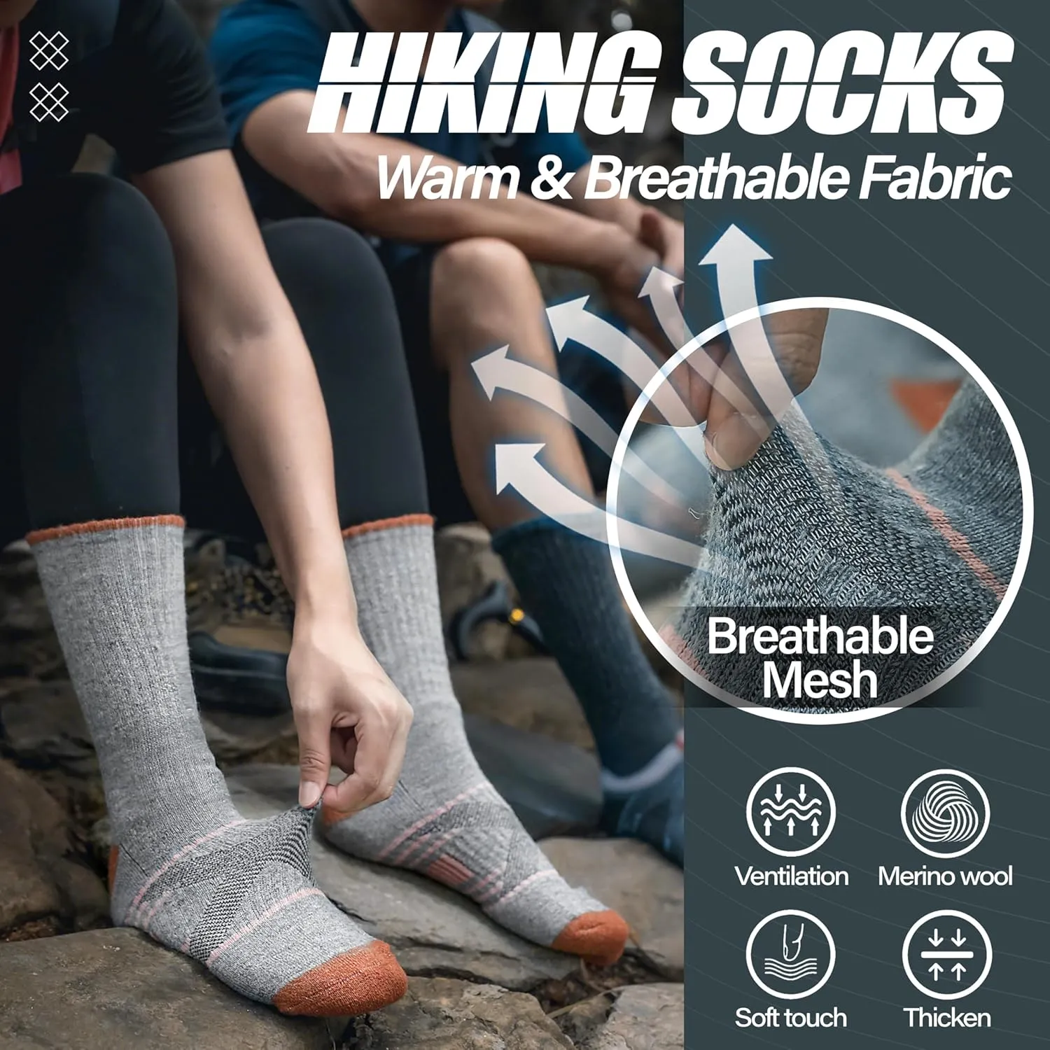 ANTSANG 5 Pairs Merino Wool Hiking Socks for Men & Women Thermal Winter Warm Moisture Wicking Cushion Boot Socks
