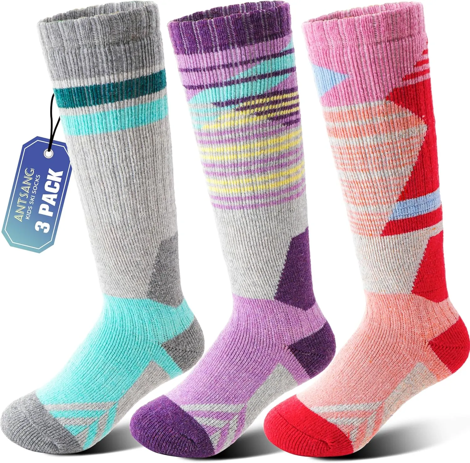 ANTSANG Kids Merino Wool Ski Socks 3 Pairs Boys Girls Thermal Warm Thick Winter Cushioning Socks for Snowboarding Skiing
