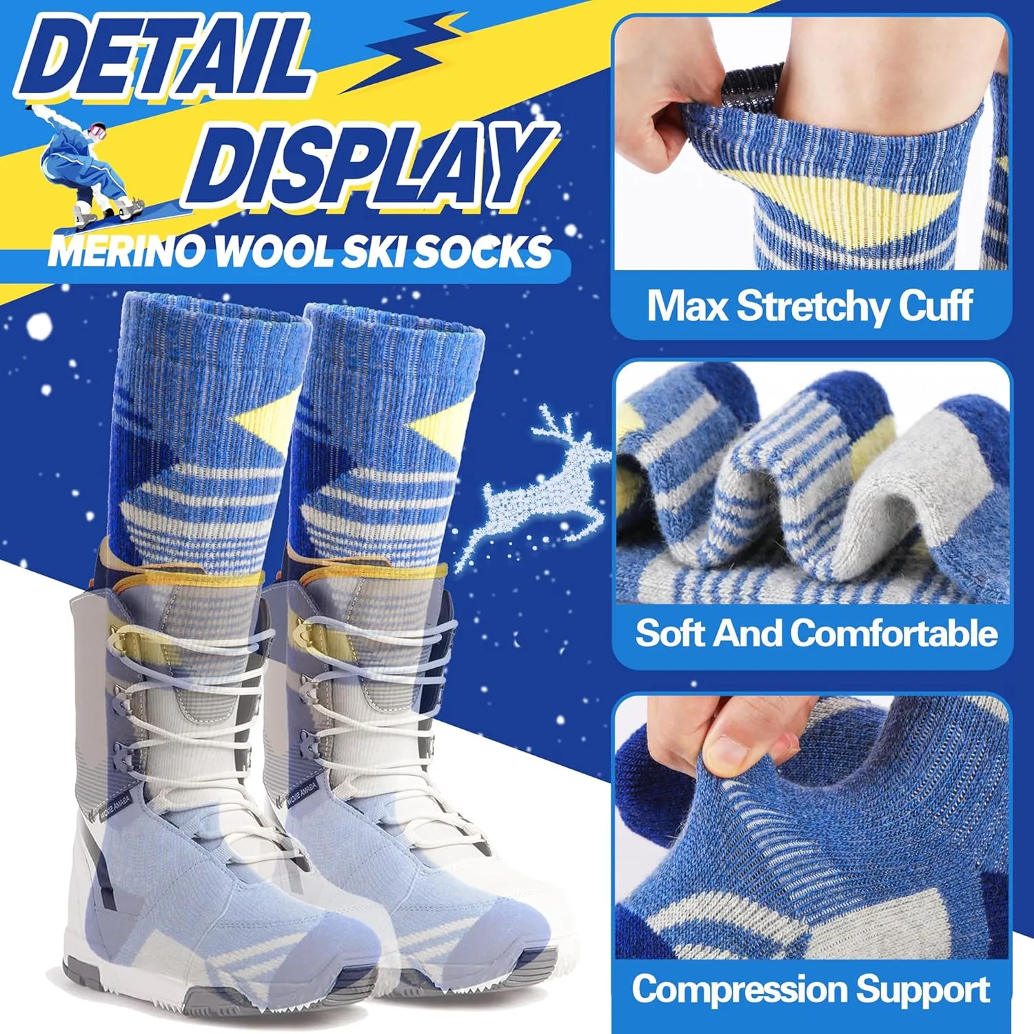 ANTSANG Kids Merino Wool Ski Socks 3 Pairs Boys Girls Thermal Warm Thick Winter Cushioning Socks for Snowboarding Skiing