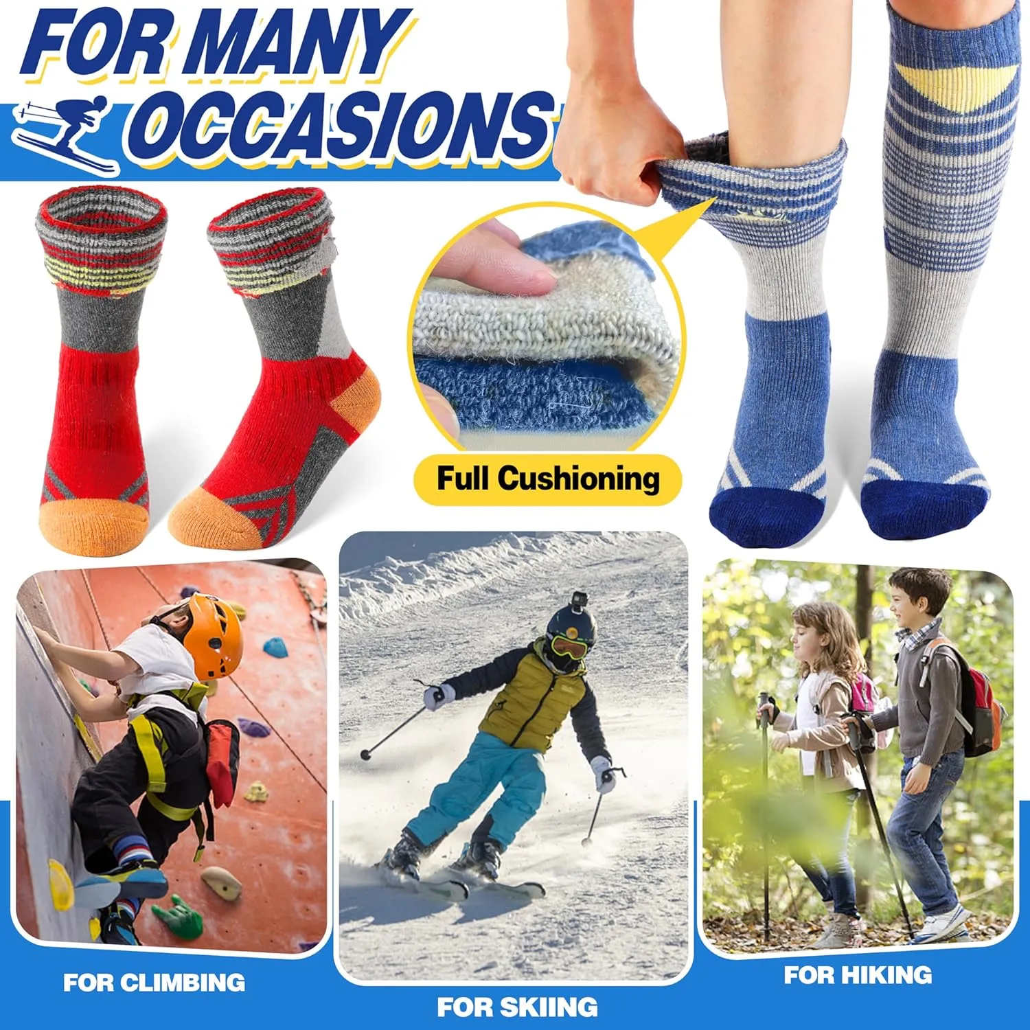 ANTSANG Kids Merino Wool Ski Socks 3 Pairs Boys Girls Thermal Warm Thick Winter Cushioning Socks for Snowboarding Skiing