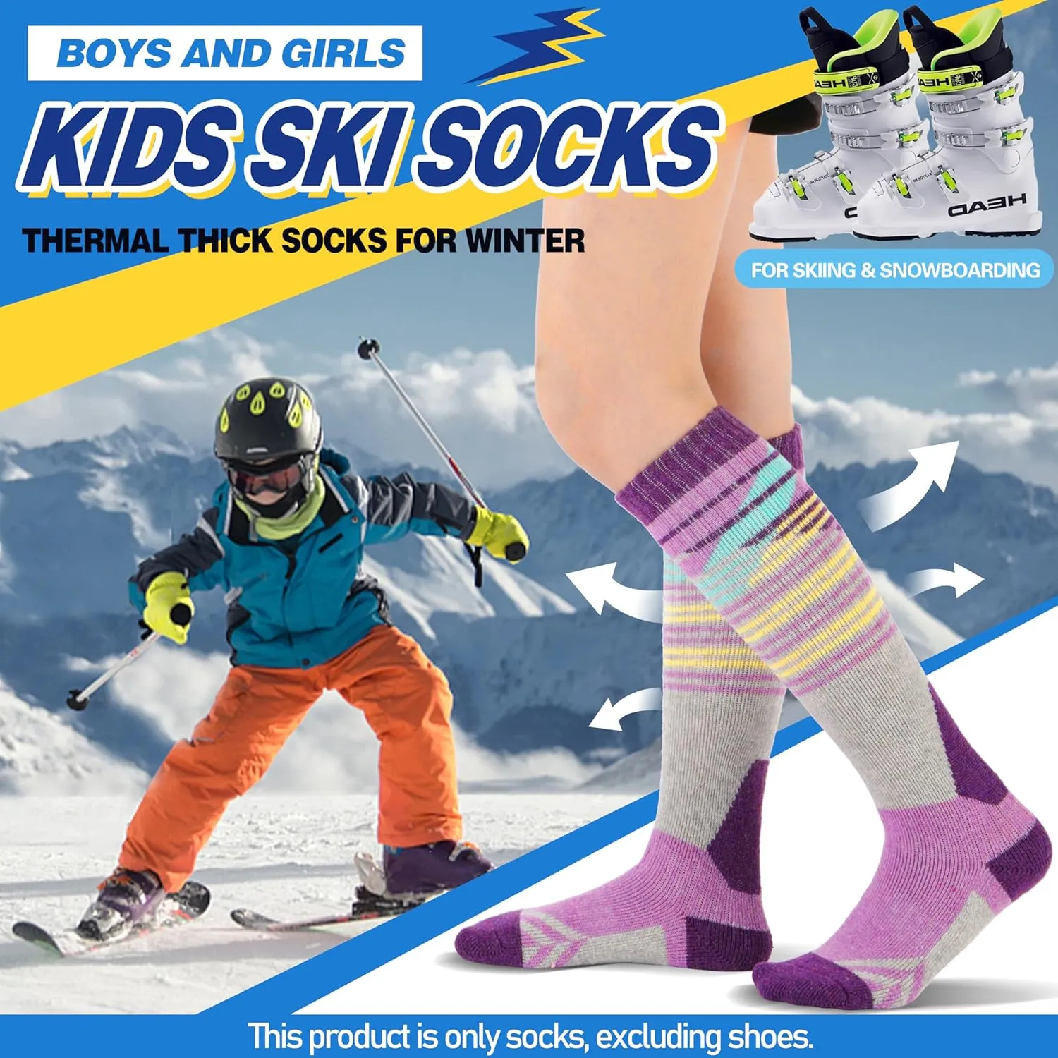 ANTSANG Kids Merino Wool Ski Socks 3 Pairs Boys Girls Thermal Warm Thick Winter Cushioning Socks for Snowboarding Skiing