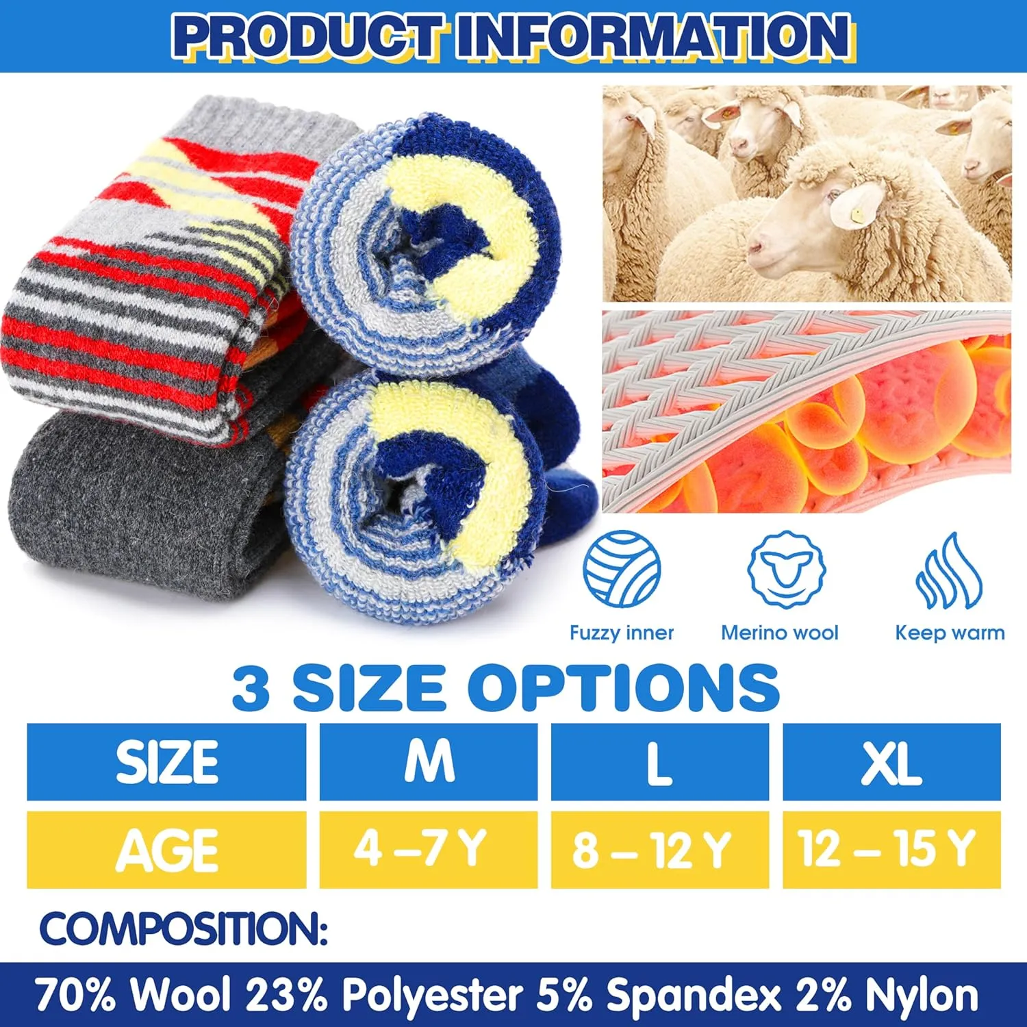 ANTSANG Kids Merino Wool Ski Socks 3 Pairs Boys Girls Thermal Warm Thick Winter Cushioning Socks for Snowboarding Skiing