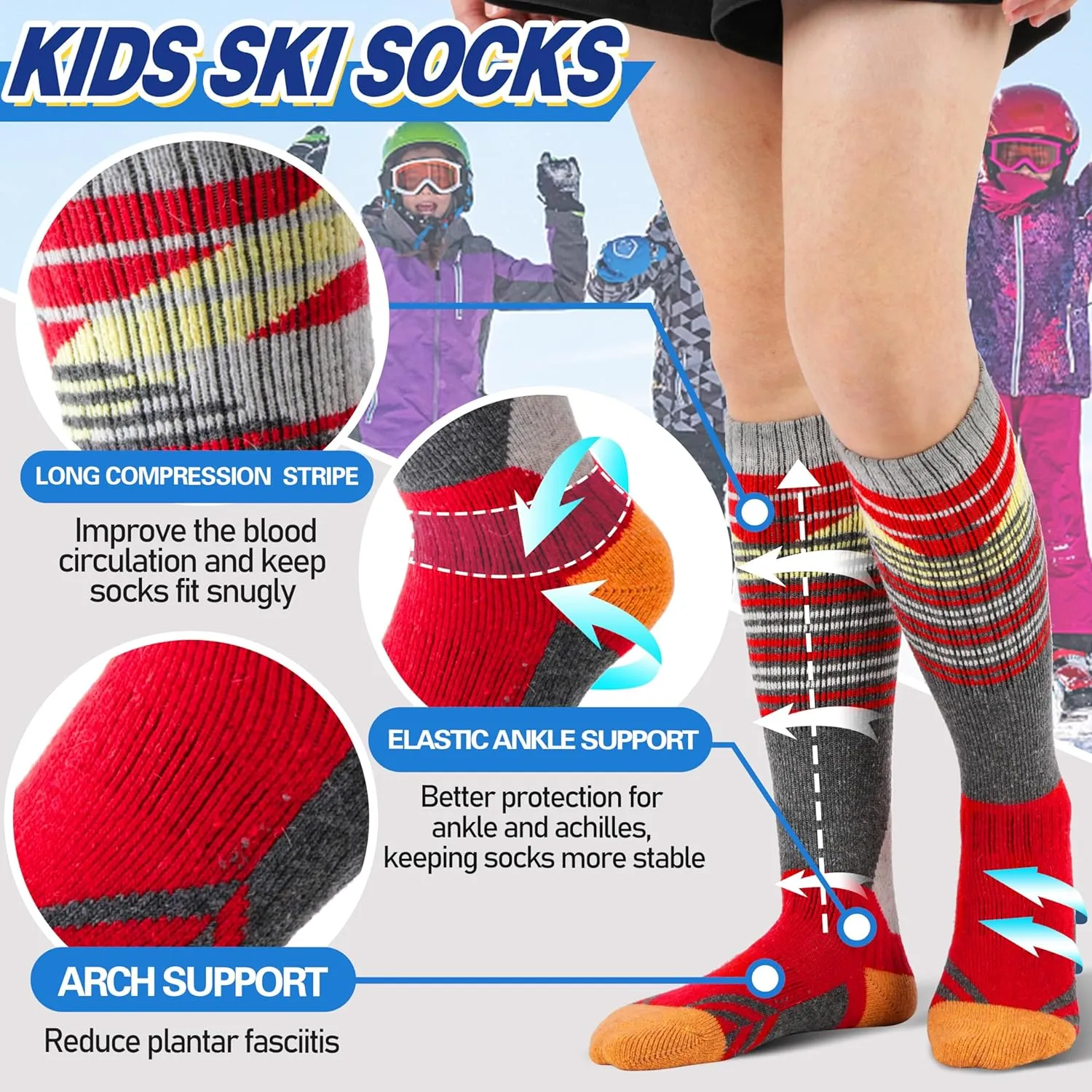 ANTSANG Kids Merino Wool Ski Socks 3 Pairs Boys Girls Thermal Warm Thick Winter Cushioning Socks for Snowboarding Skiing