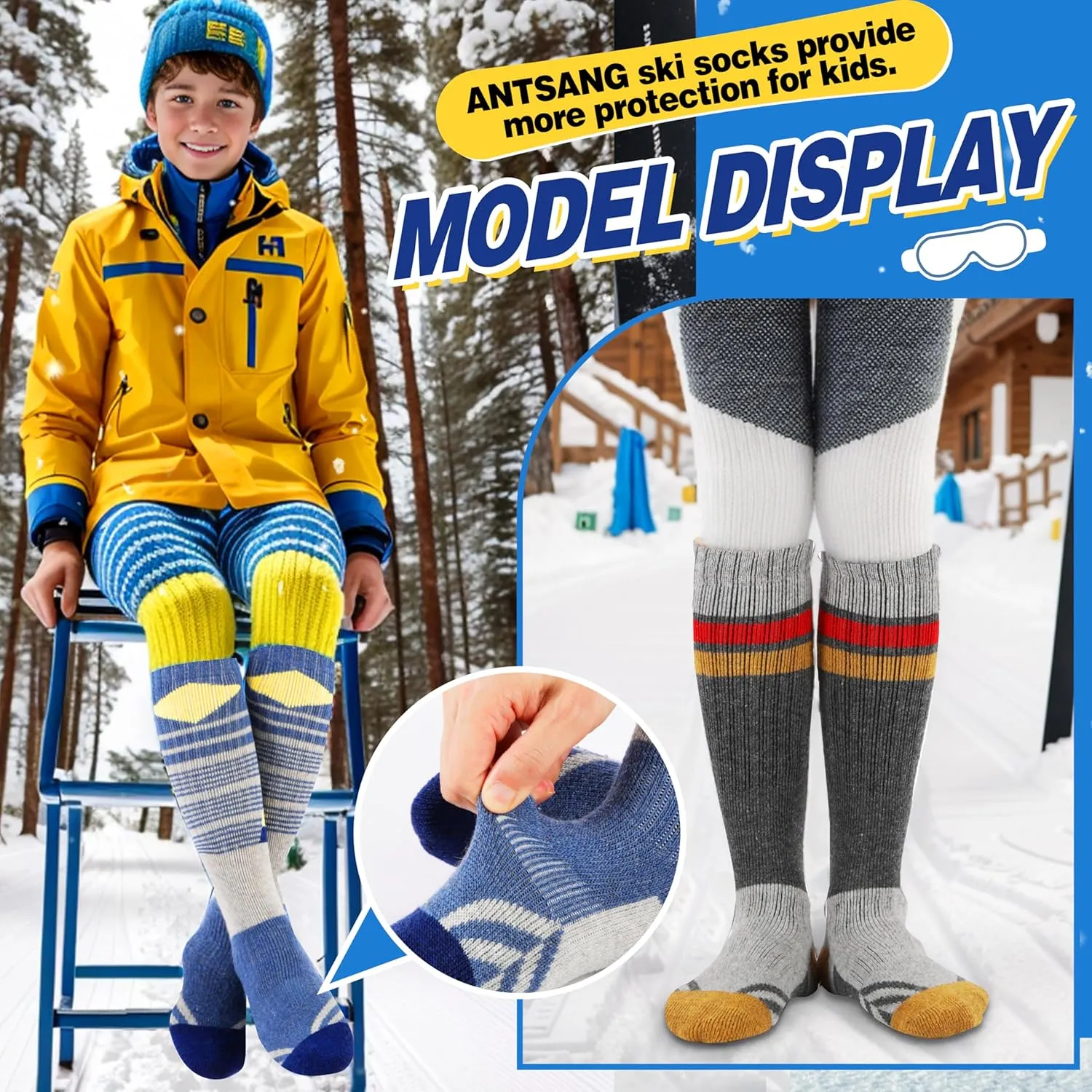 ANTSANG Kids Merino Wool Ski Socks 3 Pairs Boys Girls Thermal Warm Thick Winter Cushioning Socks for Snowboarding Skiing
