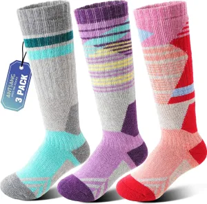 ANTSANG Kids Merino Wool Ski Socks 3 Pairs Boys Girls Thermal Warm Thick Winter Cushioning Socks for Snowboarding Skiing