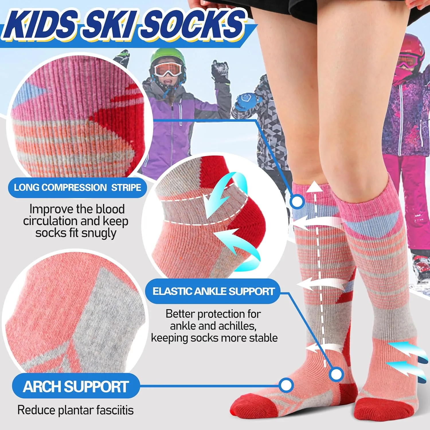 ANTSANG Kids Merino Wool Ski Socks 3 Pairs Boys Girls Thermal Warm Thick Winter Cushioning Socks for Snowboarding Skiing