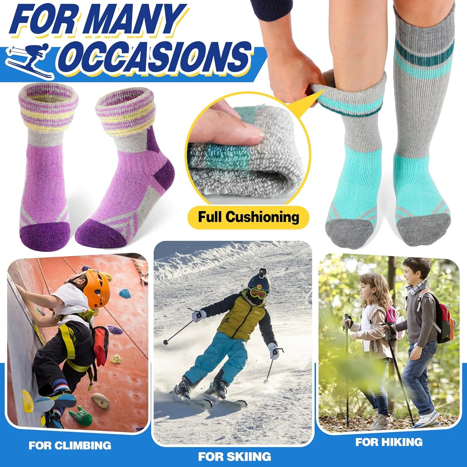 ANTSANG Kids Merino Wool Ski Socks 3 Pairs Boys Girls Thermal Warm Thick Winter Cushioning Socks for Snowboarding Skiing