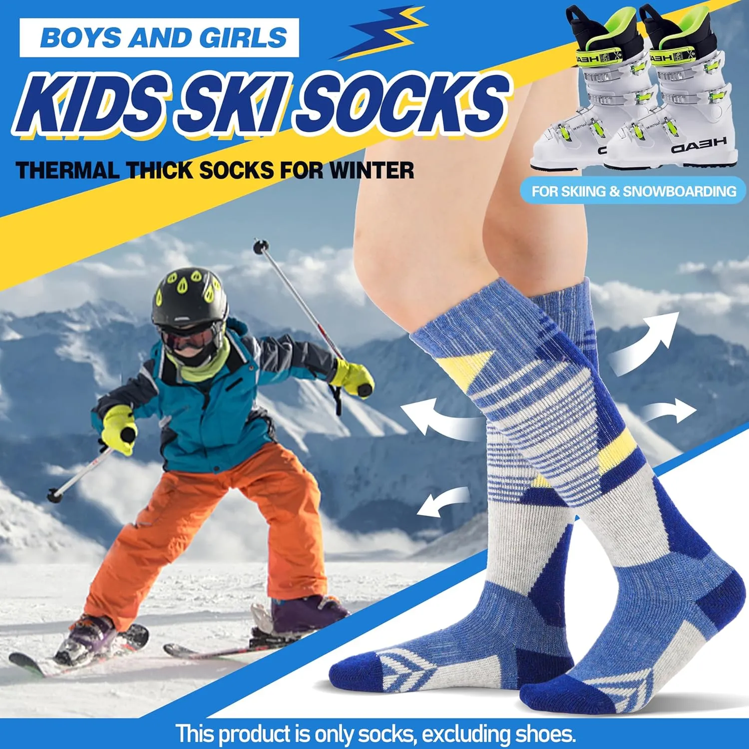 ANTSANG Kids Merino Wool Ski Socks 3 Pairs Boys Girls Thermal Warm Thick Winter Cushioning Socks for Snowboarding Skiing