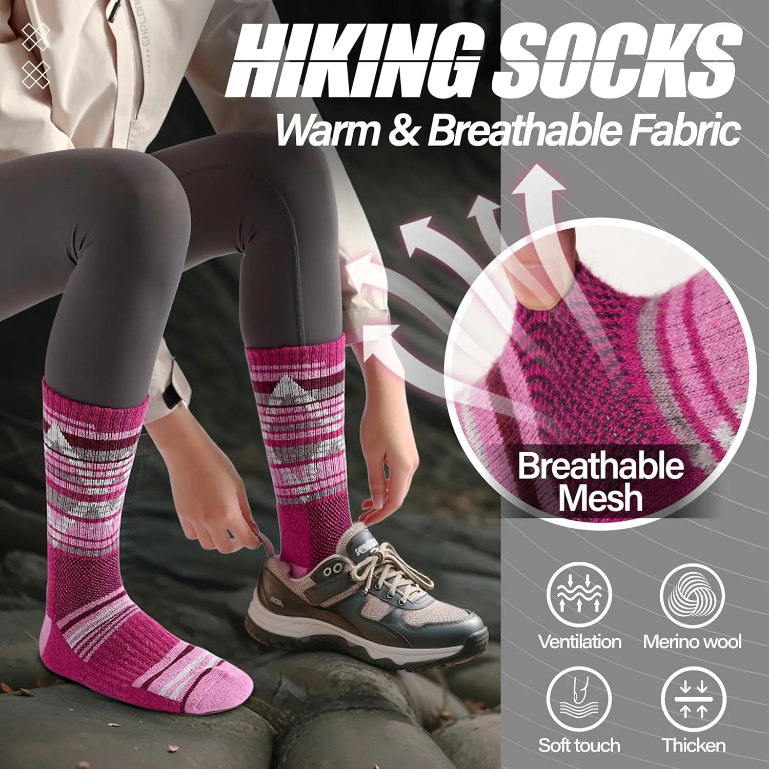 ANTSANG Merino Wool Hiking Socks for Men & Women 5 Pairs Thermal Warm Winter Thick Cushion Moisture Wicking Crew Boot Socks
