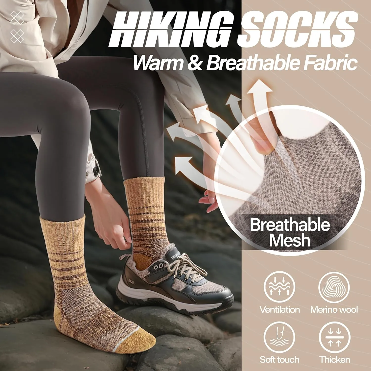 ANTSANG Merino Wool Hiking Socks for Men & Women 5 Pairs Thermal Warm Winter Thick Cushion Moisture Wicking Crew Boot Socks