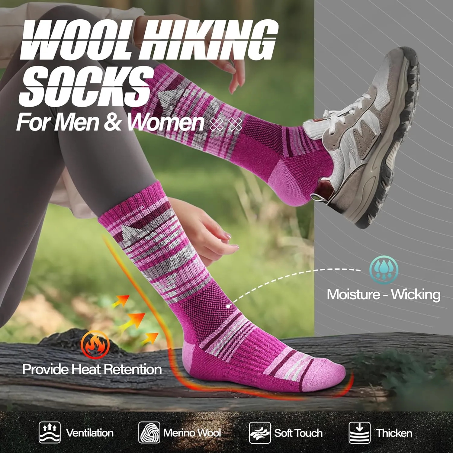 ANTSANG Merino Wool Hiking Socks for Men & Women 5 Pairs Thermal Warm Winter Thick Cushion Moisture Wicking Crew Boot Socks