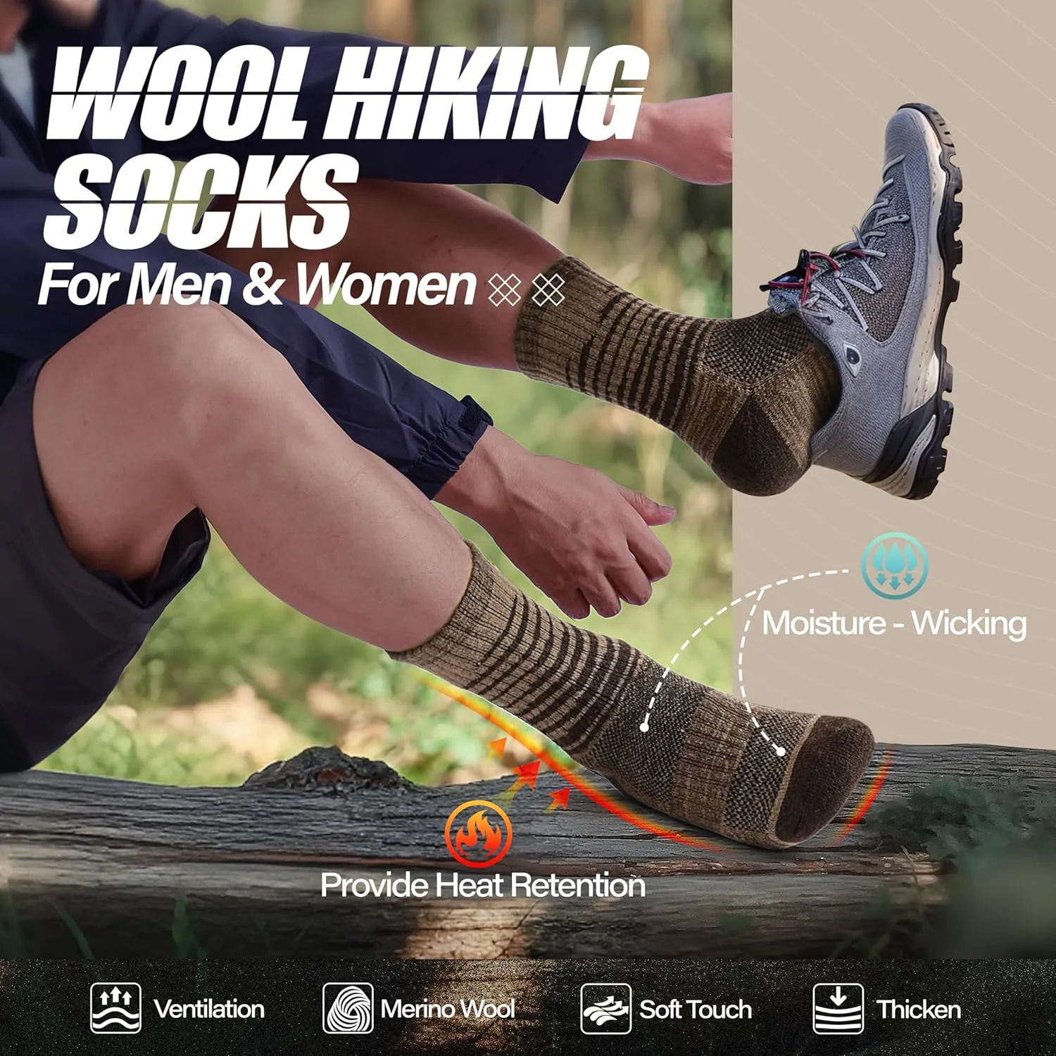 ANTSANG Merino Wool Hiking Socks for Men & Women 5 Pairs Thermal Warm Winter Thick Cushion Moisture Wicking Crew Boot Socks