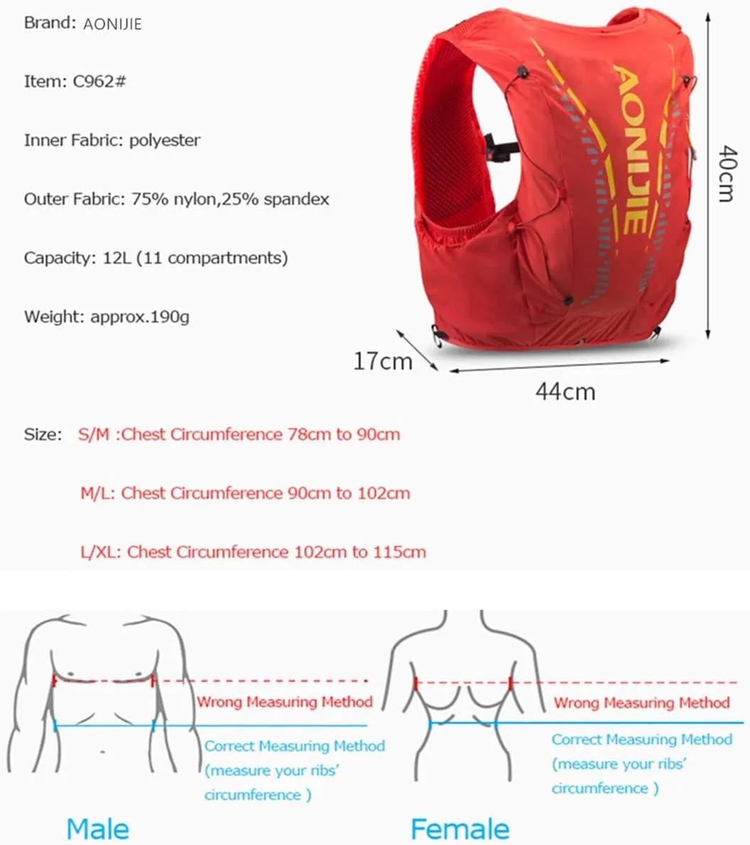 AONIJIE 12L Men Women Running Vest Pack Hydration Backpack Outdoor Sports Bag for Marathon Cycling Hiking