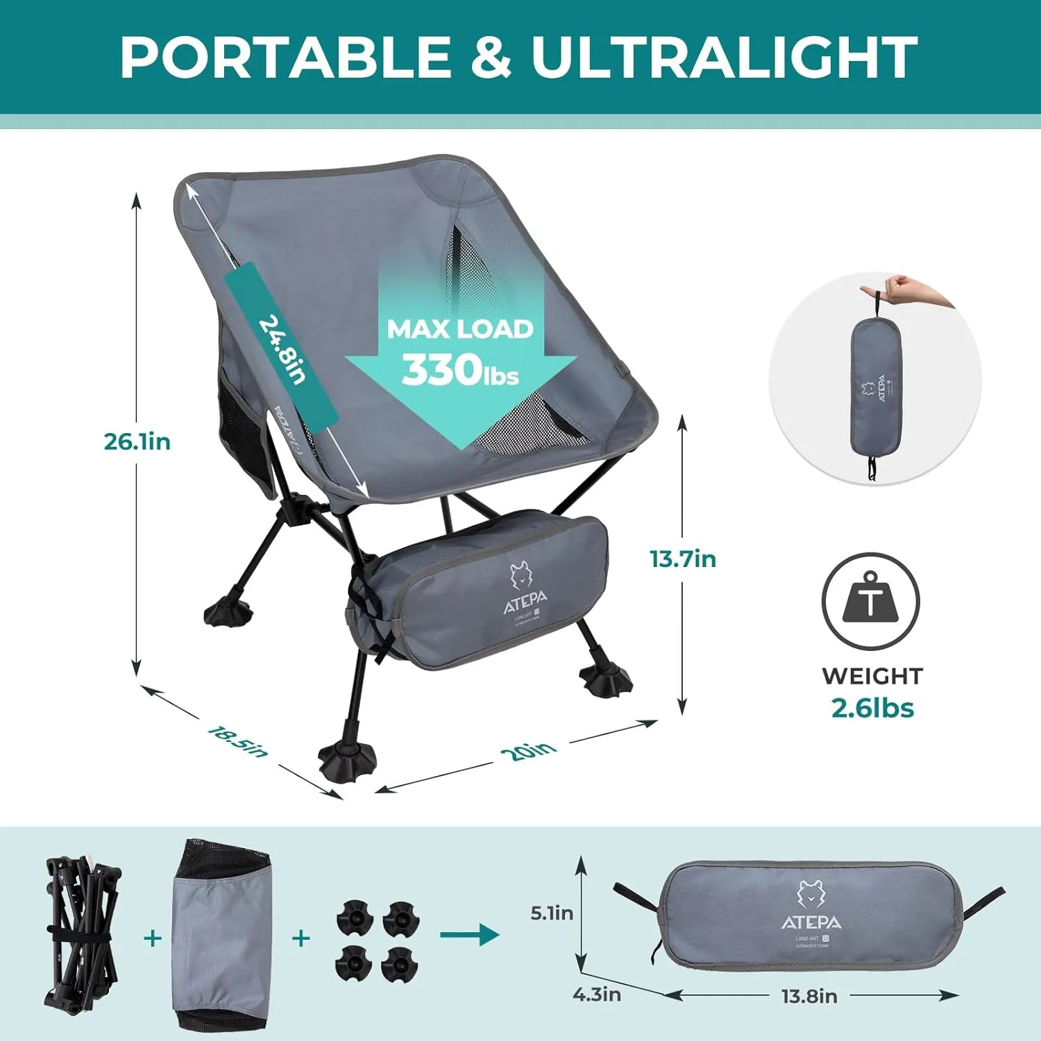 ATEPA Backpacking Chair, Ultralight Folding Portable Small Camping Chairs for Adults Compact Foldable Beach Seat with Anti-Sinking Feet & Aluminum Frame for Outdoor Hiking Travel Fishing