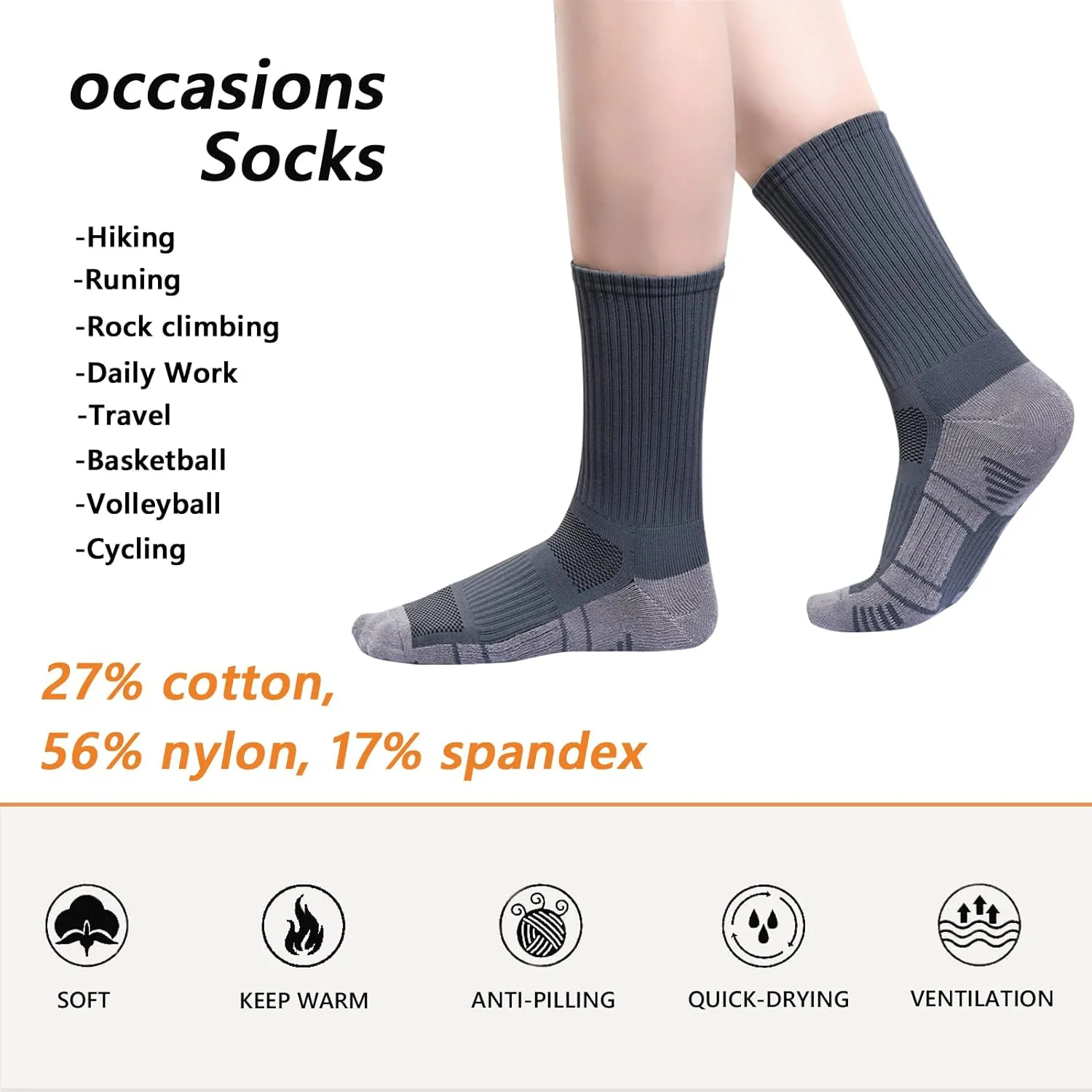 Athletic Hiking Socks for Mens and Womens Arch Support Compression With Cushion Moisture Wicking Crew Socks 3 Pairs