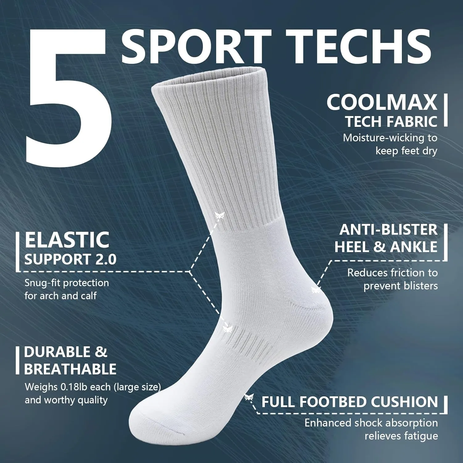 Athletic Socks White Crew Socks for Men & Women Moisture-Wicking Coolmax Cushion Compression Basketball Socks, 4-Pack