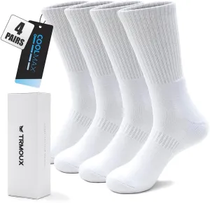 Athletic Socks White Crew Socks for Men & Women Moisture-Wicking Coolmax Cushion Compression Basketball Socks, 4-Pack