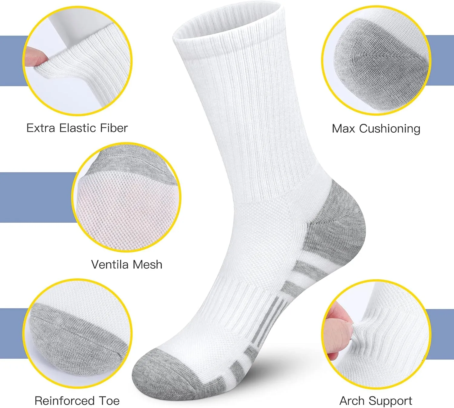 Athletic Socks Women Men Crew Socks Cushion Sports Running Socks Performance Hiking Calf Socks with Arch Support 6 Pairs