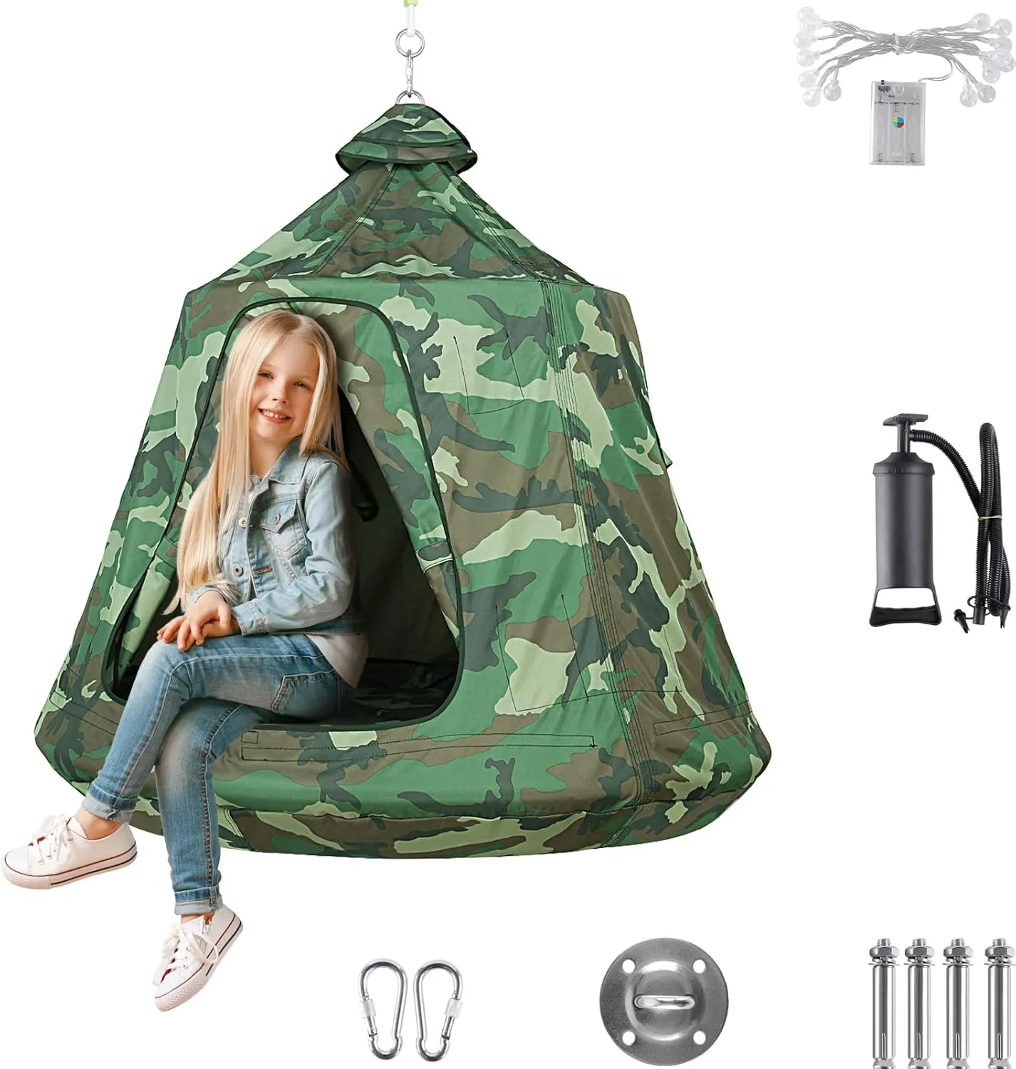AthLike Hanging Tree Tent for Kid, Indoor Outdoor Hanging Tent, Waterproof Tree Ceiling Pod, Portable Hang Out Huggle Pod Play Tent w/Rainbow Lights String, Inflatable Base, 45" H x 44" W 330lbs