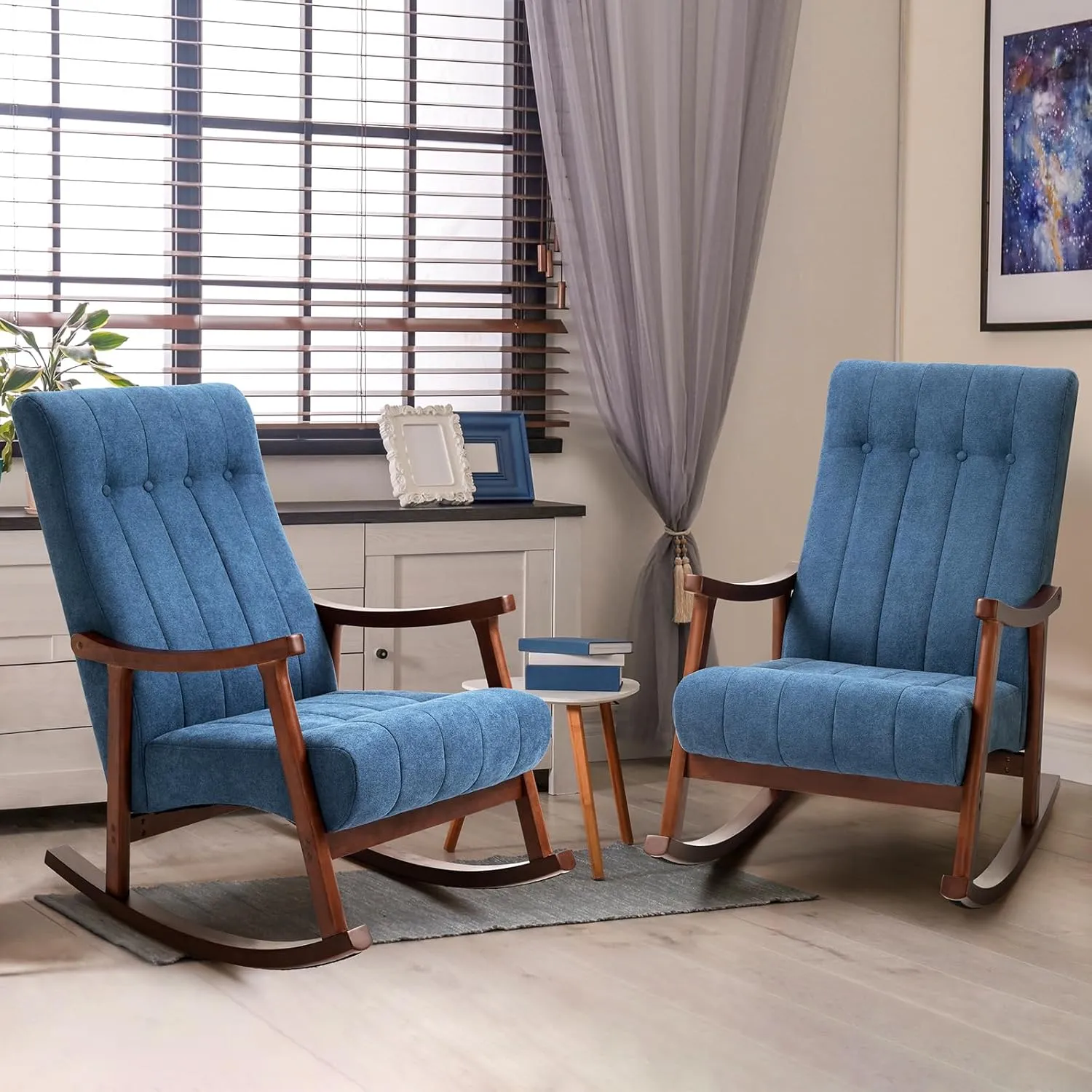 AVAWING 2PCS Upholstered Rocking Chair, Modern Glider Rocker with Fabric Padded Seat, Accent Rocking Chair for Living Room, Bedroom & Nursery, Wooden High Back Armchair, Blue