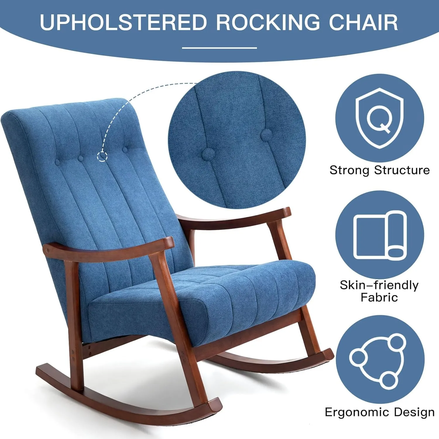 AVAWING 2PCS Upholstered Rocking Chair, Modern Glider Rocker with Fabric Padded Seat, Accent Rocking Chair for Living Room, Bedroom & Nursery, Wooden High Back Armchair, Blue