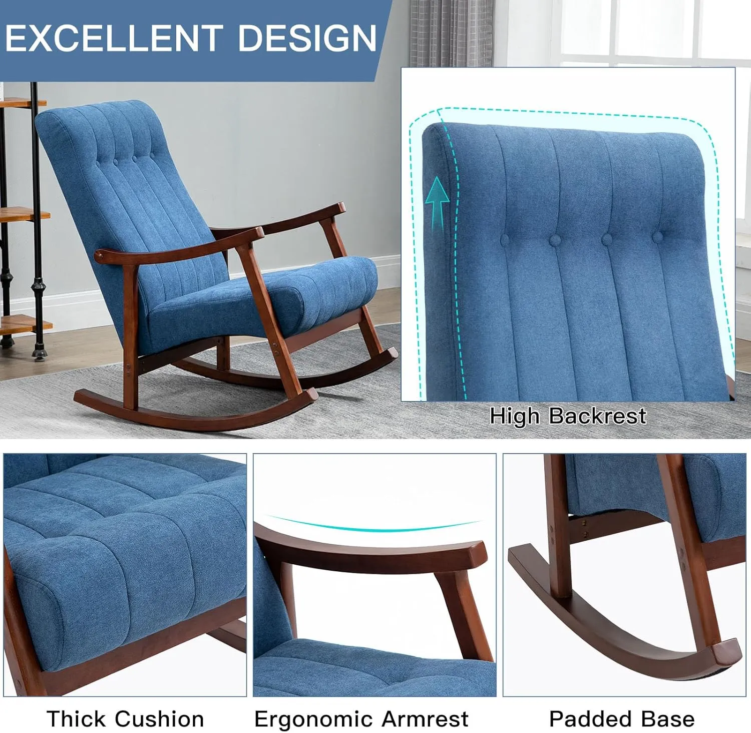 AVAWING 2PCS Upholstered Rocking Chair, Modern Glider Rocker with Fabric Padded Seat, Accent Rocking Chair for Living Room, Bedroom & Nursery, Wooden High Back Armchair, Blue