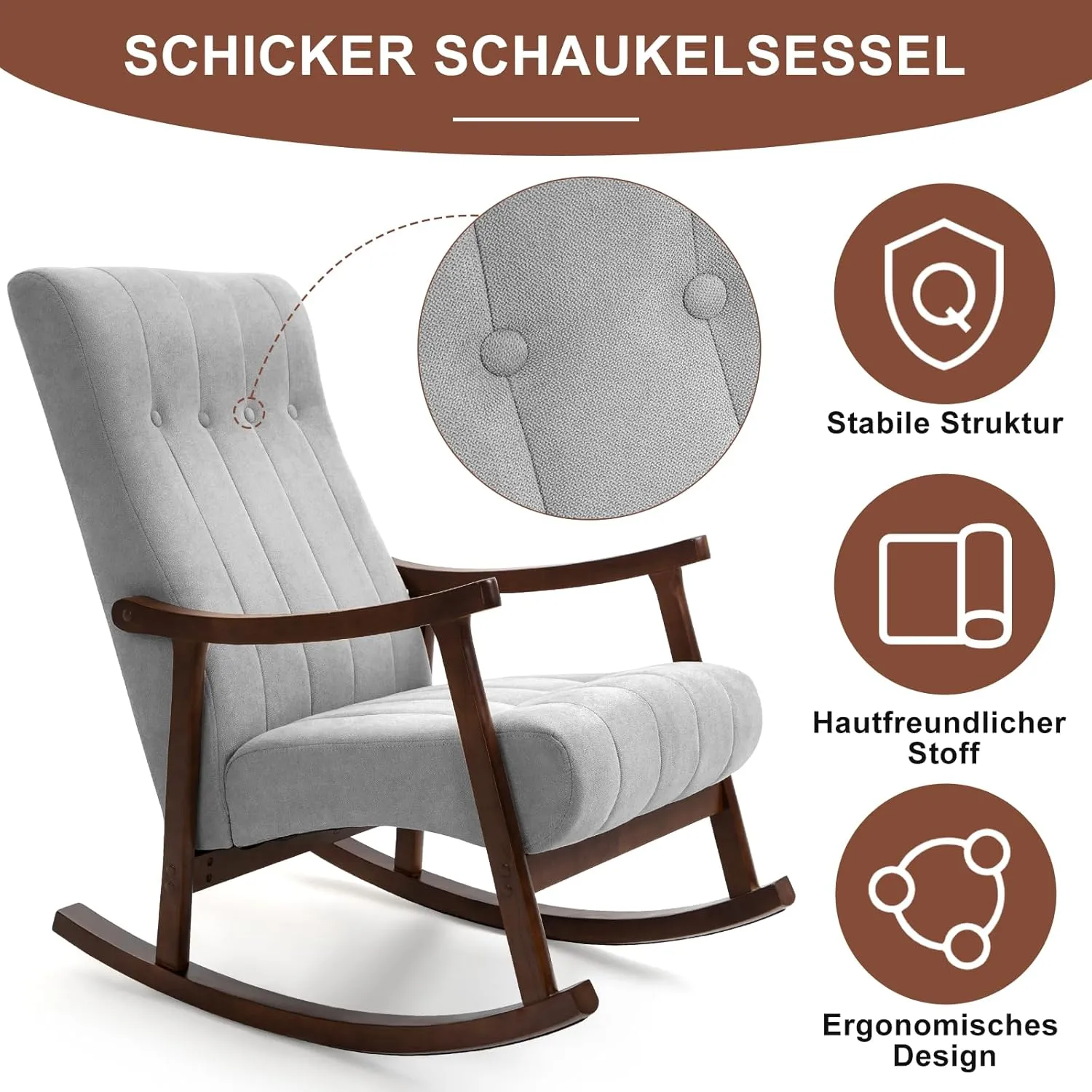 AVAWING Upholstered Rocking Chair with Fabric Padded Seat, Comfortable Rocker Solid Wood for Living Room, Modern High Back Armchair for Adult, (Light Grey)