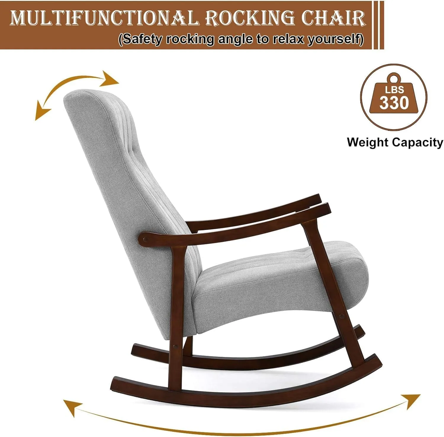 AVAWING Upholstered Rocking Chair with Fabric Padded Seat, Comfortable Rocker Solid Wood for Living Room, Modern High Back Armchair for Adult, (Light Grey)