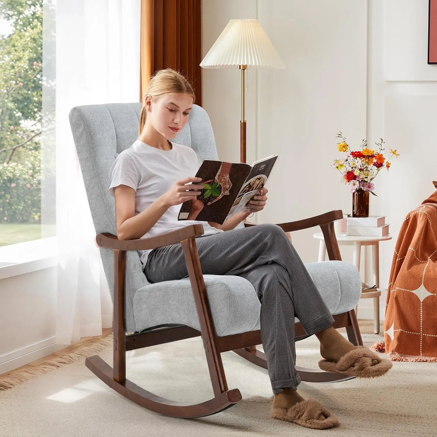 AVAWING Upholstered Rocking Chair with Fabric Padded Seat, Comfortable Rocker Solid Wood for Living Room, Modern High Back Armchair for Adult, (Light Grey)