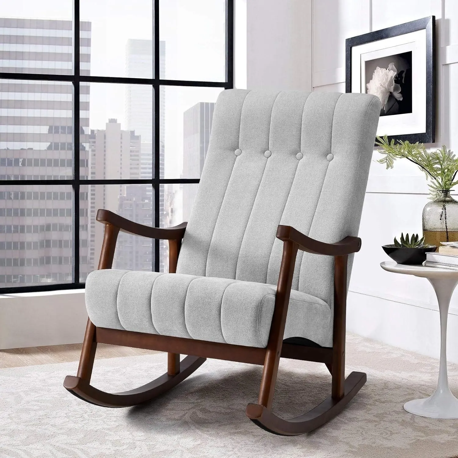 AVAWING Upholstered Rocking Chair with Fabric Padded Seat, Comfortable Rocker Solid Wood for Living Room, Modern High Back Armchair for Adult, (Light Grey)