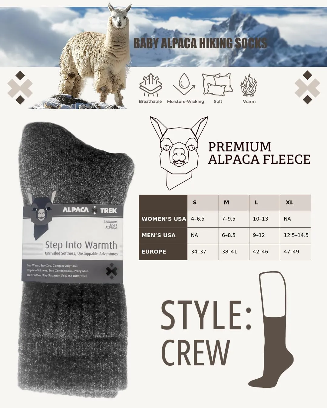 Baby Alpaca Hiking Socks – Premium Outdoor Crew Socks for Men & Women – Ultra-Soft, Breathable, Durable