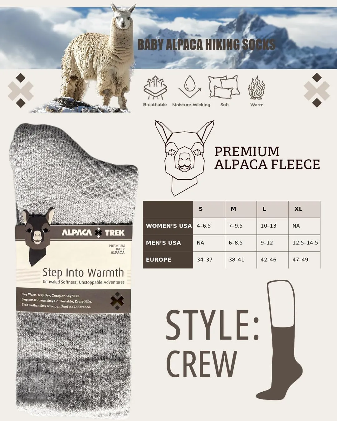 Baby Alpaca Hiking Socks – Premium Outdoor Crew Socks for Men & Women – Ultra-Soft, Breathable, Durable