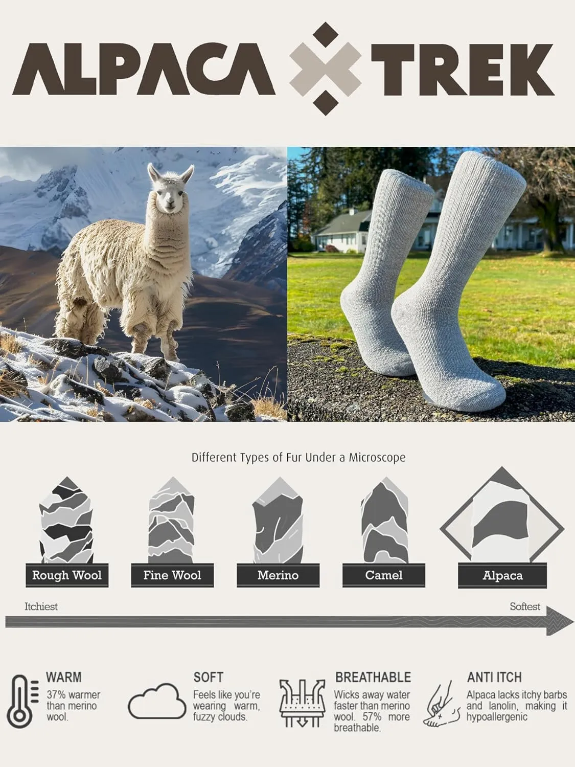 Baby Alpaca Hiking Socks – Premium Outdoor Crew Socks for Men & Women – Ultra-Soft, Breathable, Durable