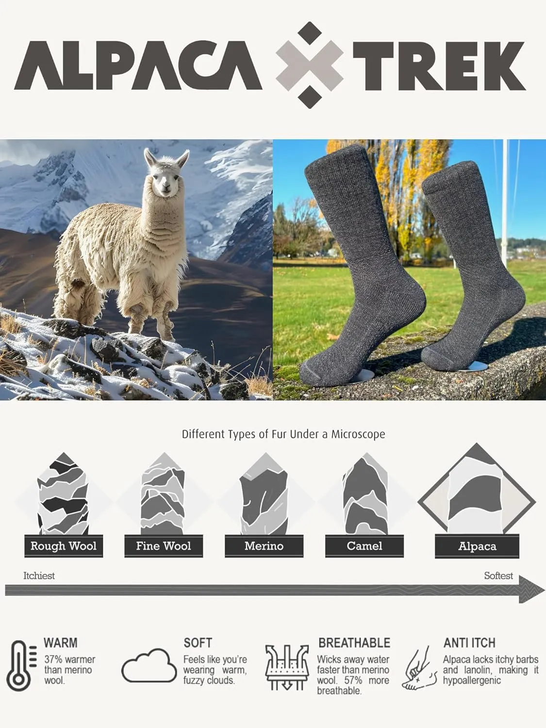 Baby Alpaca Hiking Socks – Premium Outdoor Crew Socks for Men & Women – Ultra-Soft, Breathable, Durable