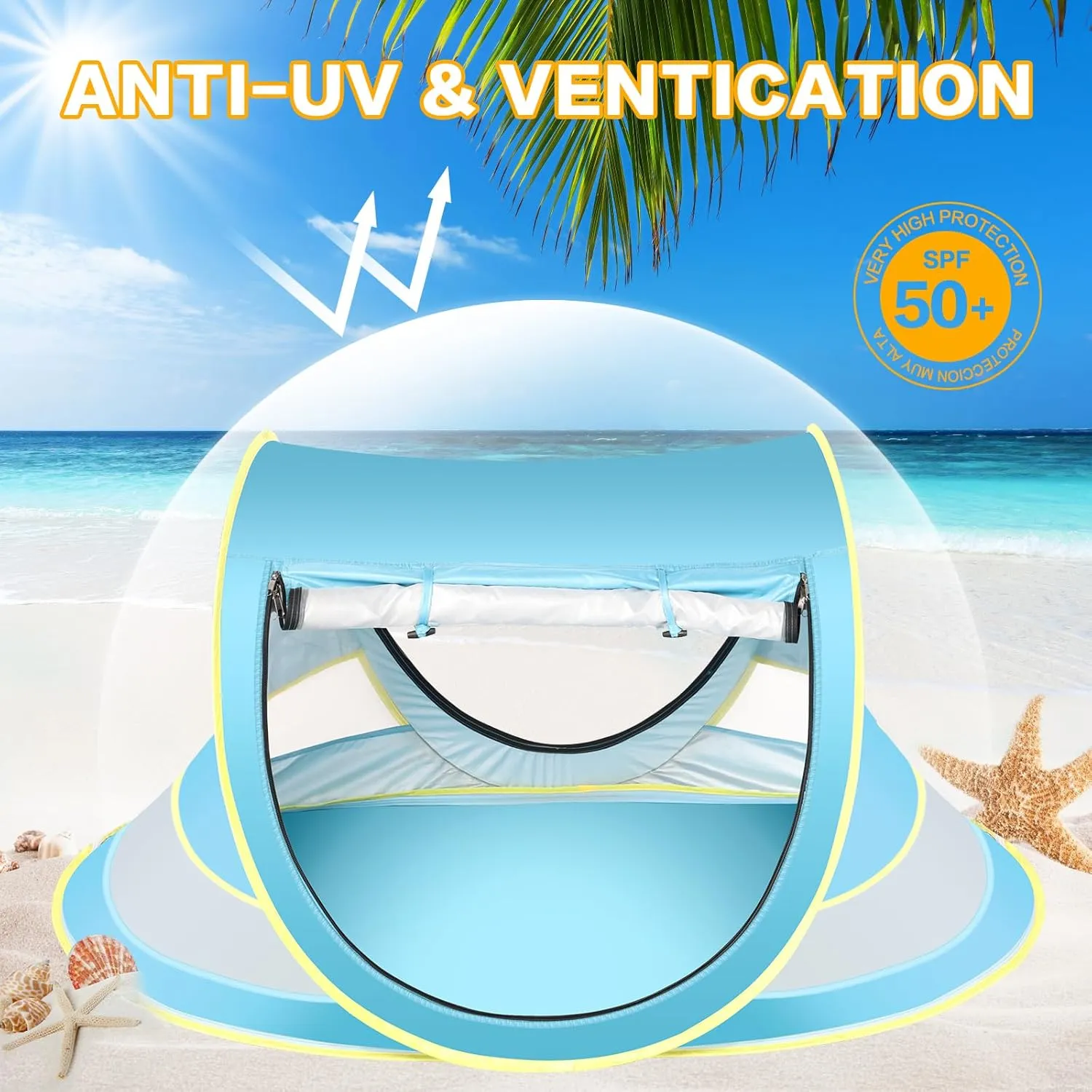 Baby Beach Tent with Baby Hat, Pop Up Toddler Travel Tent with Sun Hat for Boys or Girls, Sun Shade for Toddler Camping, Infant Portable Sun Shade, Summer Beach Baby (Blue Baby Tent with Hat)