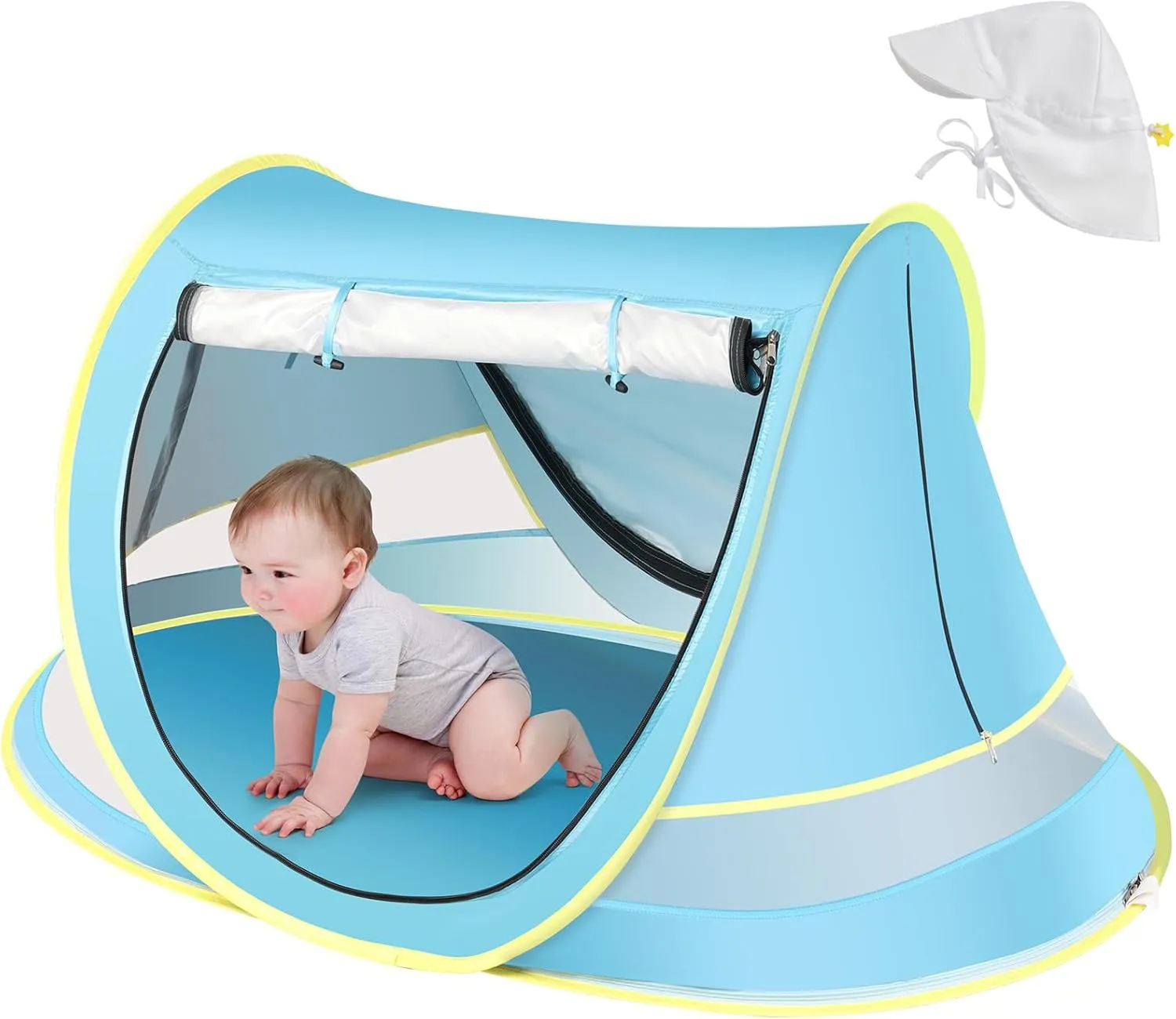 Baby Beach Tent with Baby Hat, Pop Up Toddler Travel Tent with Sun Hat for Boys or Girls, Sun Shade for Toddler Camping, Infant Portable Sun Shade, Summer Beach Baby (Blue Baby Tent with Hat)