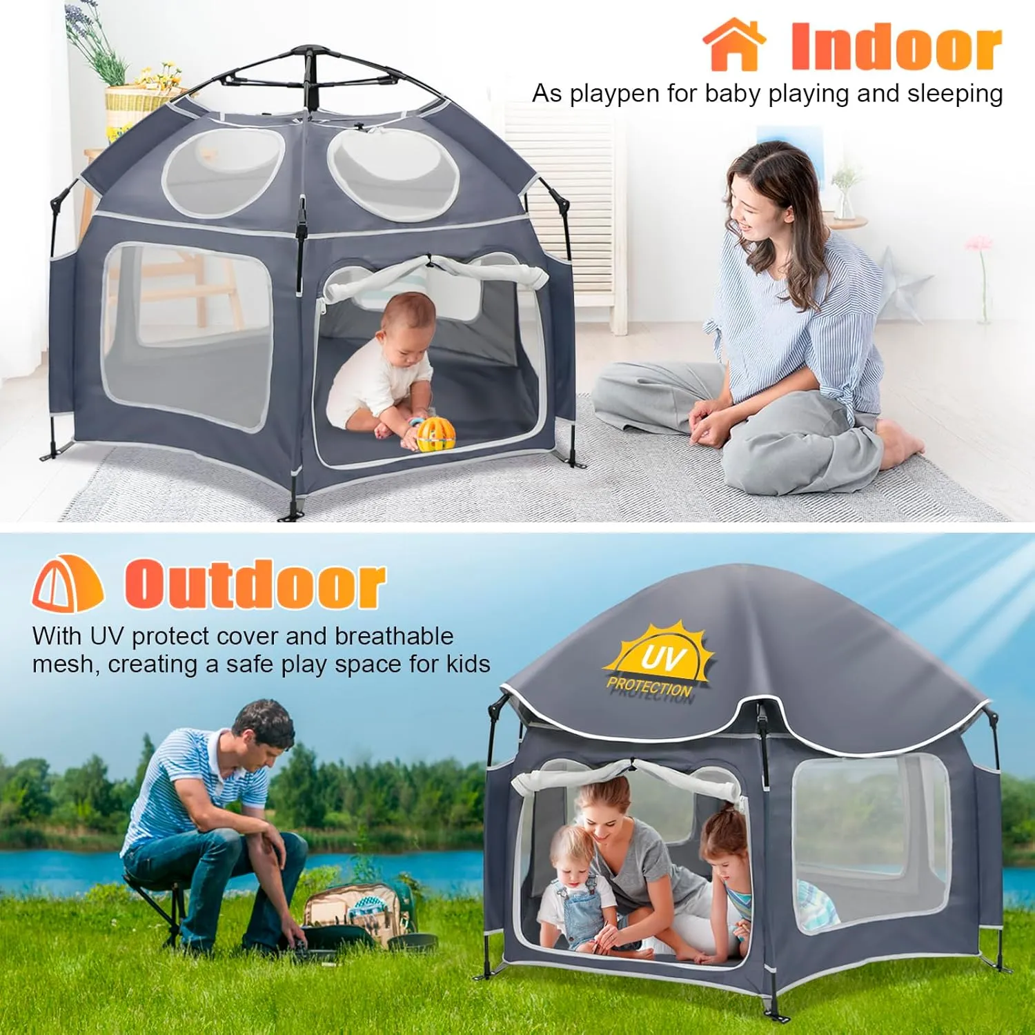 Baby Playpen with UV Canopy, Portable 1-Click Set Up Baby Tent, Toddler Play Yard for Indoor, Outdoor, Foldable Playpen for Beach, Camping, Home, Lightweight Versatile Kids Tent, with Travel Bag